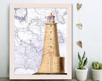 Lighthouse print on nautical map print  lighthouse painting lighthouse art Nautical Decor nautical print Bathroom wall art Living room decor