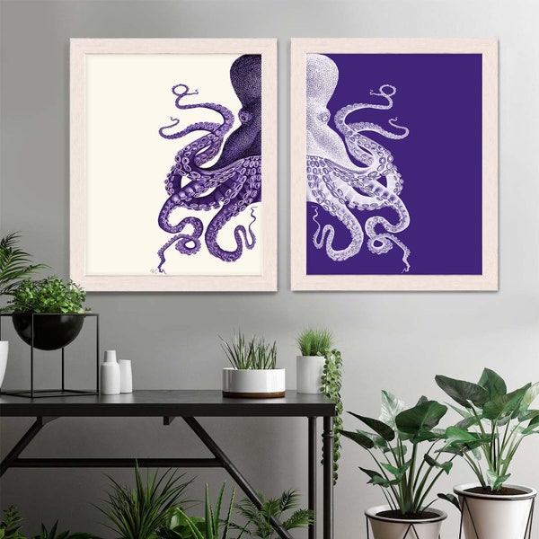 Nautical art prints - Purple Octopus Prints Purple and Cream Set of 2 Beach Decor bathroom Decor Nautical Decor Wall Art Beach House Decor