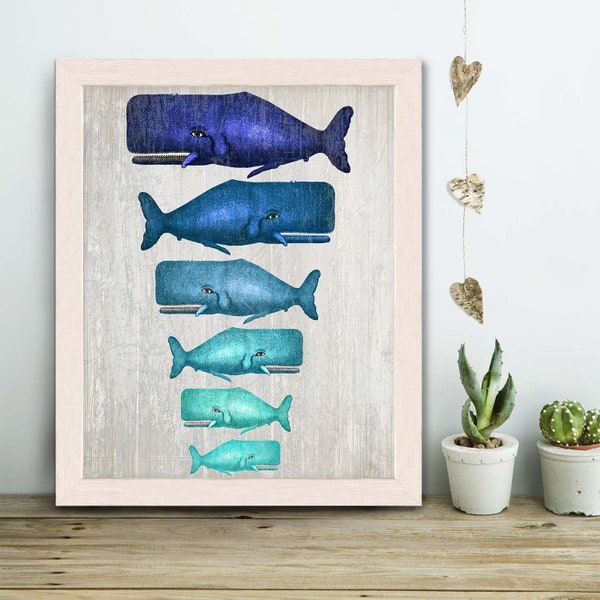 Whale Family Blue on Grey : whale poster whale print Nautical Print Art Illustration Nautical decor whale gift whale art Wall Art Wall Decor