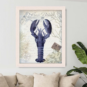 Blue Lobster art - Seaside Postcard series on Cream - beach house wall art Coastal Decor beach house decor Nautical Print Nautical decor