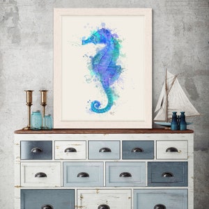 Seahorse beach decor - Seahorse blue watercolor print - Seahorse print Seahorse art Seahorse decor Coastal decor Nautical art Beach home art