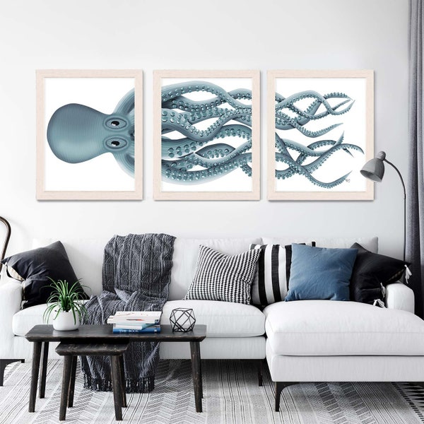 Giant Octopus Print Aqua Octopus Triptych Set of 3 - octopus poster Giclee poster nautical decor Octopus wall art home decor