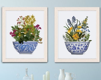 Chinoiserie bowl set of 2 art prints, Oriental blue & white porcelain bowl with wild flowers, Botanical framed wall art for country home