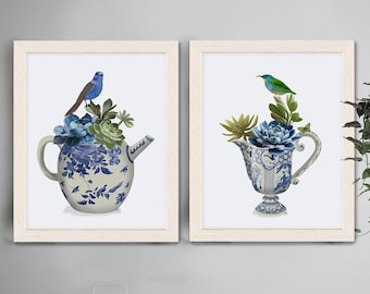 Birds Chinoiserie art gallery 2 piece wall art, Chinoiserie teapot and oriental porcelain jug for grandma chic kitchen wall, Echeveria plant