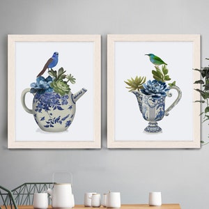 Vögel Chinoiserie Kunstgalerie Set mit 2 Wandbildern, Chinoiserie Teekanne und orientalischem Porzellankrug für die Oma-Chic-Küchenwand