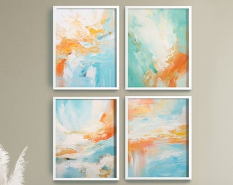 Abstract Wall Art Set of 4 Coastal Aesthetic Home Decor, Large Gallery Canvas Prints Mediterranean Seascape Contemporary Art Living Room