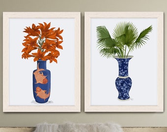 Chinese porcelain vase set of two wall art Koi fish vase & blue chinoiserie vase with orange lilies and green fan palm painting gallery wall