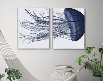 Nautical canvas art, blue and white, Hamptons style, Set of 2, Beach decor, bathroom decor, Big canvas art, blue room decor Jellyfish giant