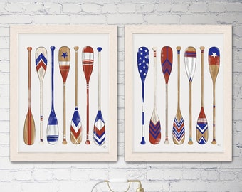 Patriotic canoe paddle art prints for lake house gallery wall or college dorm room, set of 2 framed posters or large canvas sailing gift