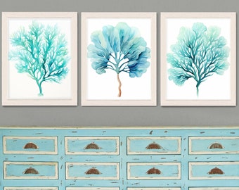 Sea Coral Art Set of 3 Prints, Coastal Home Elegance in Turquoise Blue Green Shades Minimalist Beach House Bathroom Decor Framed or Unframed