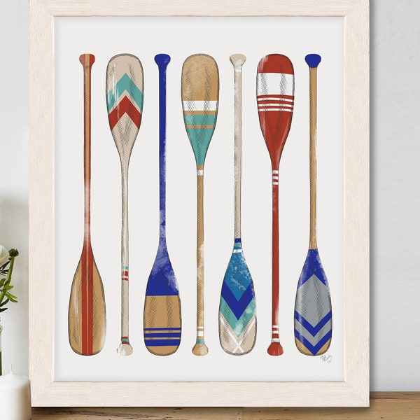 Vintage style oar set 1 print in bright colours - Canoe paddles art print, Lake house decor, Rowing gifts, Beach house decor rustic style