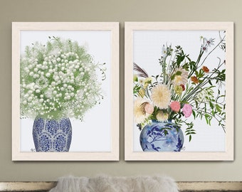 Chinoiserie pot de gingembre fleurs de campagne gypsophile blanc ensemble de 2 peintures murales encadrées vase bleu en porcelaine chinoise imprimé sur grande toile