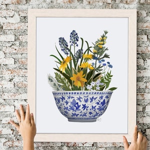 Chinoiserie art decor, Blue & white oriental bowl with yellow blue wild flowers, Oriental botanical framed print for country home wall art