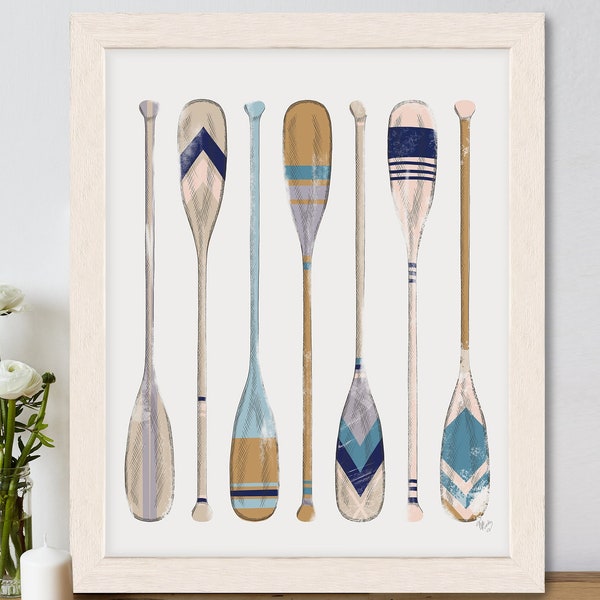Vintage style oar set 1 print in blues - Canoe paddles rustic style art, Lake house decor, Sailing decor wall art, Rowing canvas art large