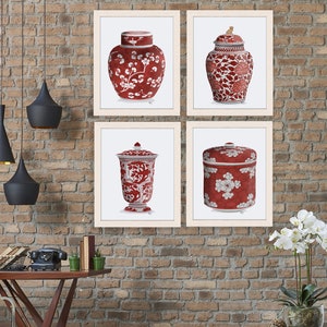 Chinoiserie wall art, Ginger jar prints, Chinese room decor, Red and white china, Dining room decor, Asian canvas art, Chinoiserie print