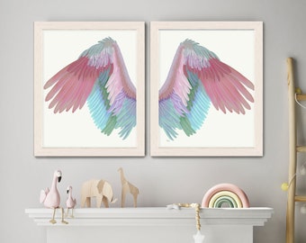 Angel wings decor, Set of 2 prints, Nursery decor, Kids room wall art, Colorful canvas art, Baby shower gift, Bedroom painting, Wings print