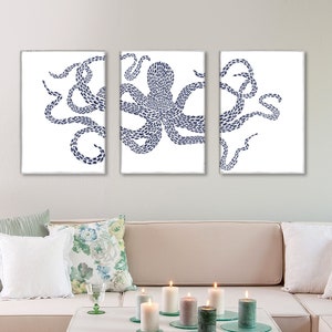 Octopus canvas art, Fish canvas print, Triptych wall art, Blue and white, Large canvas art, Nautical canvas, Blue bathroom decor, Set of art