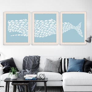 Sperm whale print, Fish art print, Triptych canvas art, Set 3 art prints, Whale painting, Blue and white, Bathroom decor, Nautical wall art