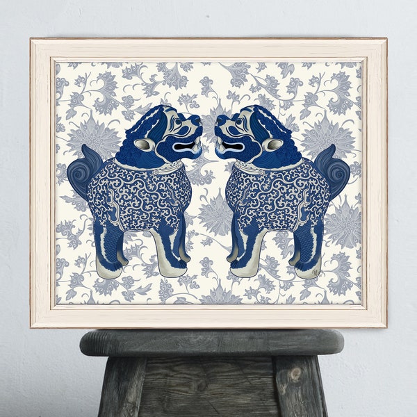 Chinese Foo dogs, Feng Shui gift, Zen home decor, Chinoiserie art, Lion dogs print, Big canvas art, Blue and white, Framed print, Lucky gift