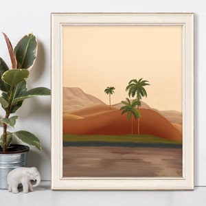 Desert oasis print, Palm oasis painting, Sand dune decor, Tropical wall art, Palm trees skyline, Wall art, Canvas art, Poster art print