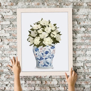 Chinoiserie vase, Magnolia garden art, White floral, Asian art print, Floral interiors, Botanical gift, Living room decor, Oriental wall art