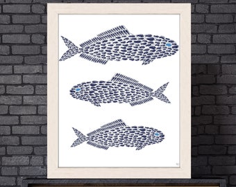 Blue fish print, Fish painting, Fishing gift, Sealife fish decor, Fish bathroom, Nautical wall art, Blue and white art, Beach house poster