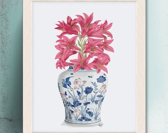 Roze lelies kunst, Chinoiserie vaas, Oosters huisdecor, Botanische print, Roze bloemenprint, Bloemeninterieurs, Grote canvaskunst, Ingelijste kunst