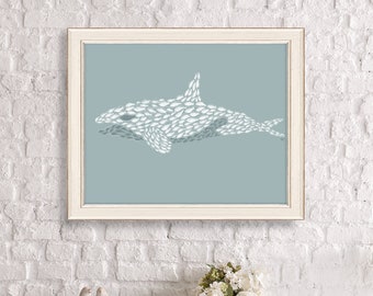 Orca whale illustration, Whale art print, Fish painting, Fish poster, Nautical wall art, Beach house decor, Sea mammal print, Bathroom decor