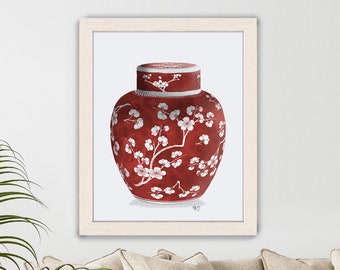 Ginger jar art, Cherry blossom print, Red and white china, Chinoiserie vase, Oriental ginger jar, Chinese home decor, Ming porcelain art