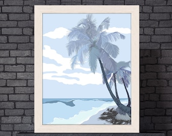 Blue room art, Beach art print, Retro style art, Tropical wall art, Palm tree print, Blue bathroom art, Beach home decor, Blue sky picture