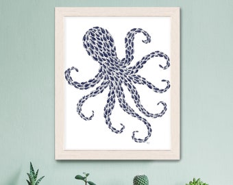 Blue octopus print, Fish pictures, Nautical bathroom art, Ocean home decor, Blue and white decor, Squid wall art, Octopus canvas large