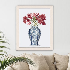 Orientalische Wandkunst, Ming-Porzellandruck, Chinoiserie-Vasenkunst, rotes Blumendruck, Ginger-Glasplakat, Blumeninterieur, blau-weißes Porzellan