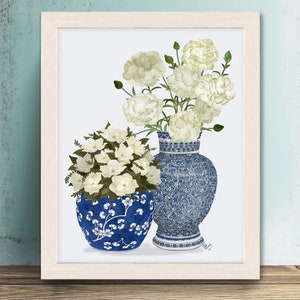 Chinoiserie art White magnolia, carnation Oriental wall art, Floral artwork, Living room decor, Flower painting, Canvas art print, Zen decor
