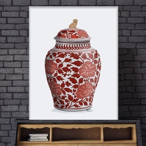 Jarrón chinoiserie rojo, león dorado, arte de pared oriental, decoración botánica, decoración china, arte de Asia oriental, póster para sala de estar, arte en lienzo