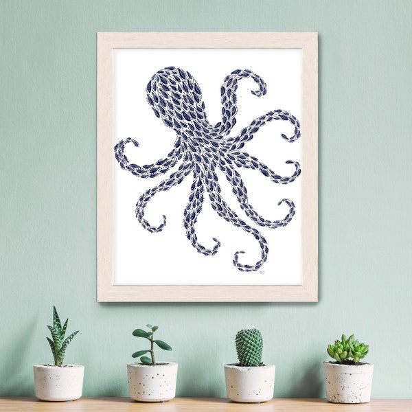 Blue octopus print, Fish pictures, Nautical bathroom art, Ocean home decor, Blue and white decor, Squid wall art, Octopus canvas large