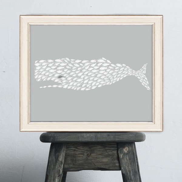 Sperm whale poster, Fish wall art, Fish painting, Whale print, Whale art, Grey wall art, Grey canvas print, Nautical decor, Ocean mammal art