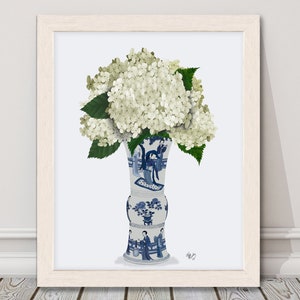 White hydrangea, Blue and white china, Zen decor, East Asian art, Floral pictures, White flower art, Oriental wall art, Gallery wall art