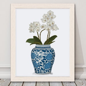 Chinoiserie pot print, Blue and white, White orchid plant, Floral wall decor, Tropical plant art, Gallery wall art, Oriental art print