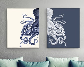 Nautical Art Prints - Octopus Print INDIGO Blue And Cream Set of 2, Octopus art Nautical Print Beach Decor bathroom Decor Beach House Decor