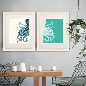 Octopus Prints Turquoise & cream Set of 2 , Octopus art Nautical Print Beach Decor bathroom Decor Nautical Decor Wall Art Beach House Decor image 8