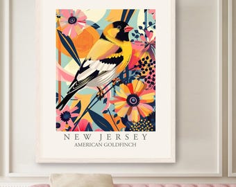 Stießling New Jersey State Vogel Druck, moderne abstrakte Kunst Wohnkultur, Backyard Birds of NJ, großes buntes Boho Poster