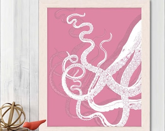 Octopus Tentacles White/Pink, Octopus print Nautical print beach house decor wall art wall hanging wall decor art print poster digital