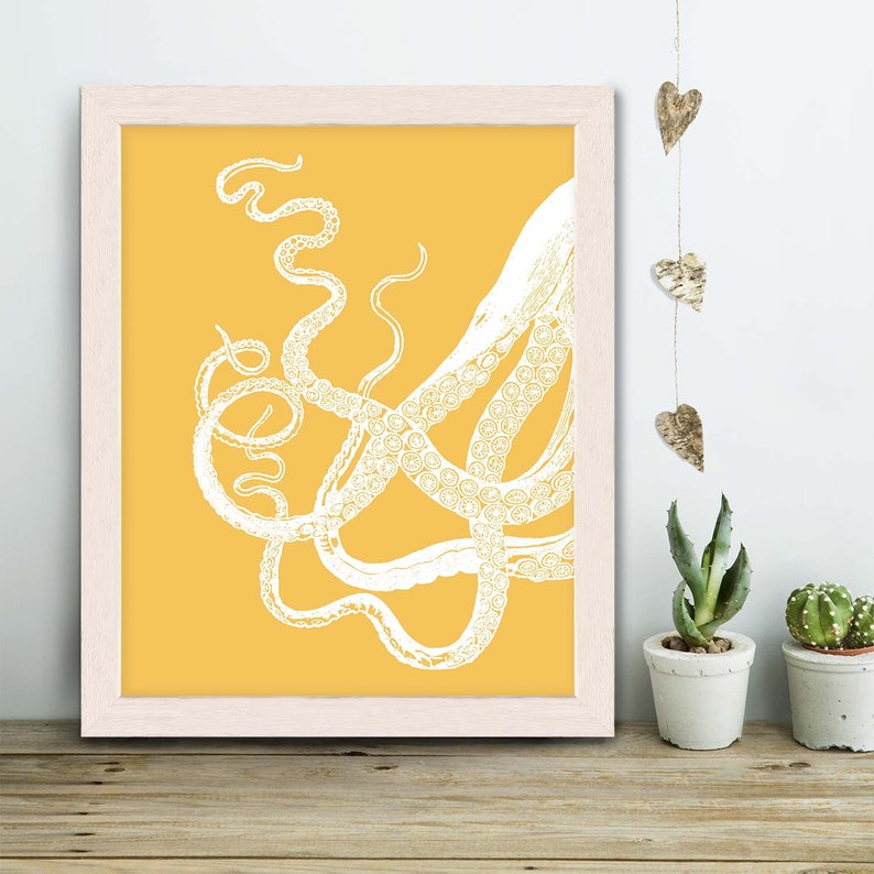 Octopus Tentacles White/Mustard, Octopus print Nautical print beach house decor coastal living kraken print Nautical Home Decor Beach Decor image 3