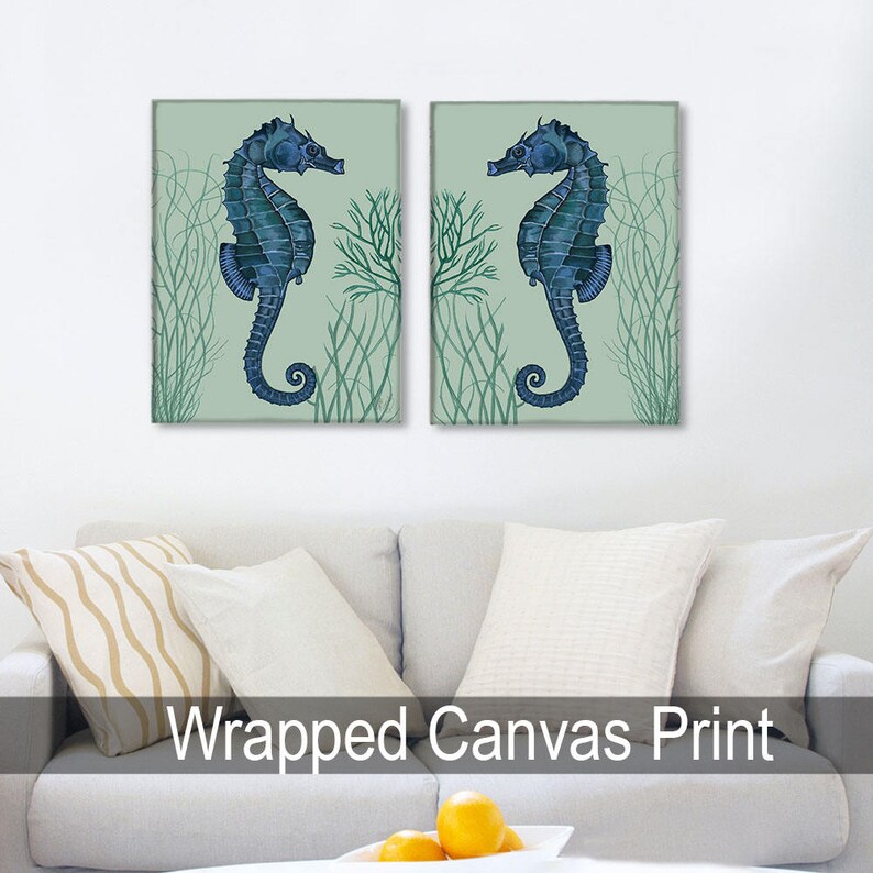 Nautical Print Beach Decor bathroom Decor Beach House Decor Seahorse Illustration Painting Seahorse Prints blue on pale greensage Set of 2