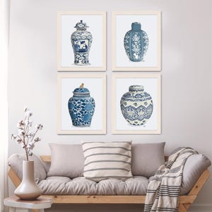 Set di 4 stampe di vasi di zenzero, arte di vasi chinoiserie, blu e bianco, arte murale cinese, arredamento Hamptons, illustrazione di porcellana