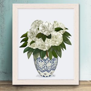 White peonies, Chinoiserie print, Blue and white, china artwork, Chinese room decor, White flower print, Gallery wall art, Canvas art print