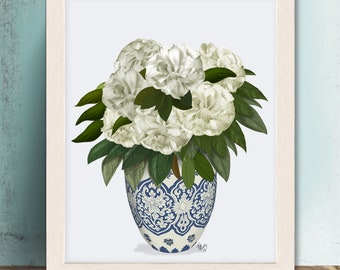 White peonies, Chinoiserie print, Blue and white, china artwork, Chinese room decor, White flower print, Gallery wall art, Canvas art print