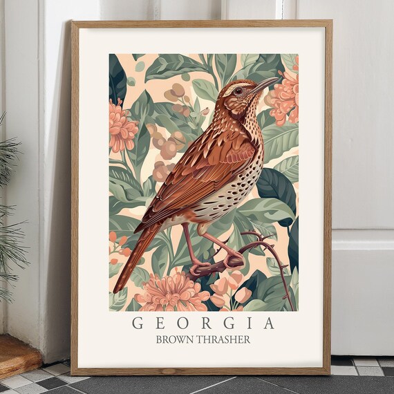 Brown Thrasher Art Print, Georgia State Bird, William Morris Style