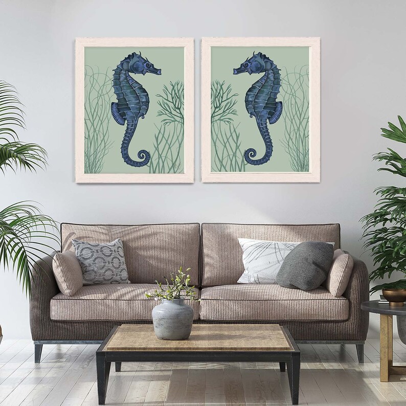 Nautical Print Beach Decor bathroom Decor Beach House Decor Seahorse Illustration Painting Seahorse Prints blue on pale greensage Set of 2