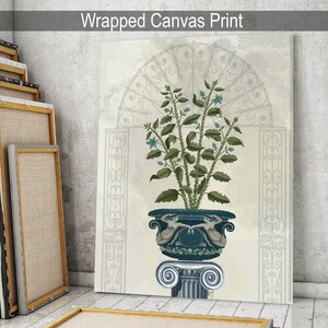 Roman vase on pedestal, Botanical art print, Decorative framed art, Ornate home decor, Planted urn illustration, Large canvas art classical image 5